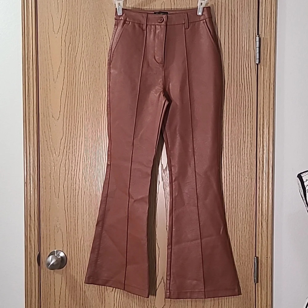 Shinestar brown vegan leather retro high waist flare leg pants - Picture 1 of 4